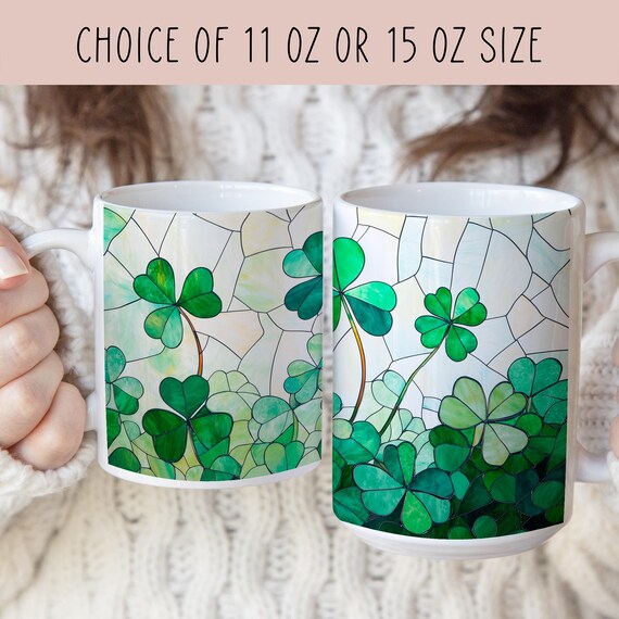 St. Patrick's Day Shamrocks Coffee Mug with Stained Glass Look, St. Patricks Day Gift, Lucky Clover Coffee Cup, Kelly Green Kitchen Decor