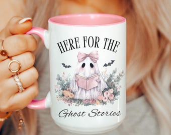 Cute Reading Ghost Halloween Coffee Mug, Spooky Ghost Stories Book Mug, Bookish Gift, Fall Halloween Mug, Horror Book Lover Gift, Bookworm