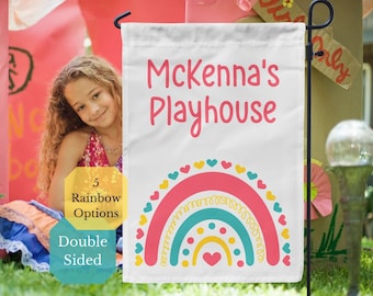 Kids Playhouse Sign, Personalized Boho Rainbow Playhouse Flag; Girls Clubhouse Garden Flag, Outdoor Playhouse Decor