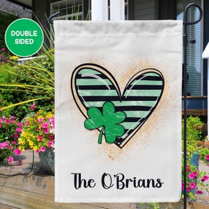 St. Patrick's Day Personalized Garden Flag with Green Shamrock and Heart Irish Yard Decor, Custom Family Name Spring Garden Flag image 6