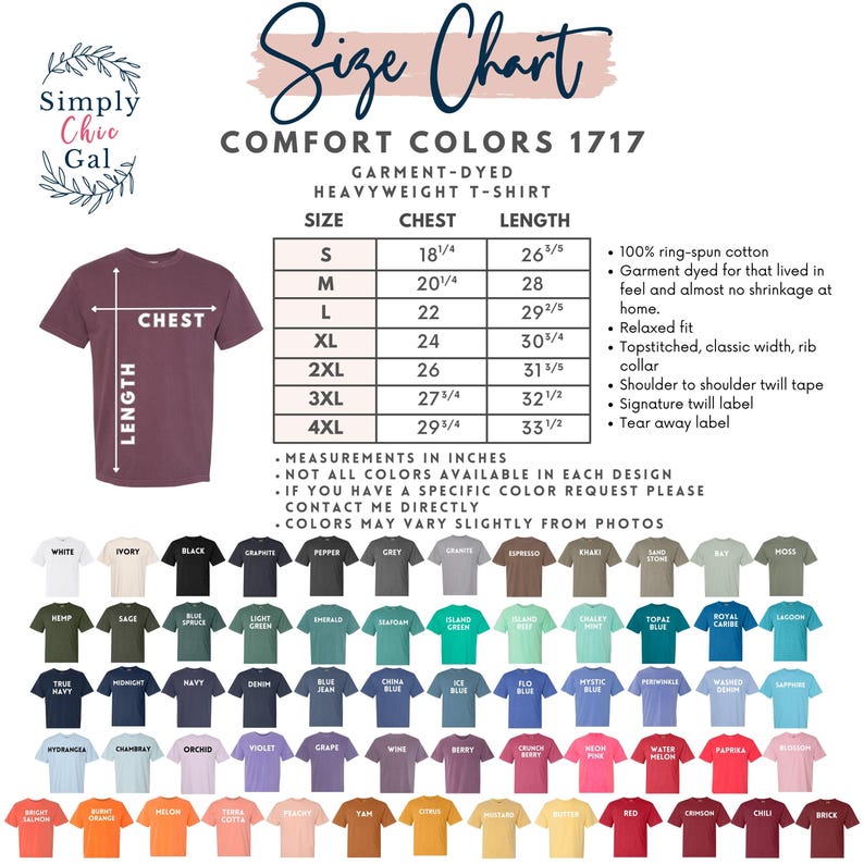 Puede incluir: Tabla de tallas para camisetas Comfort Colors 1717 te&ntilde;idas con tintes para prendas de peso pesado. La tabla incluye medidas de pecho y largo en pulgadas para las tallas S a 4XL. La imagen tambi&eacute;n muestra una amplia gama de colores disponibles.