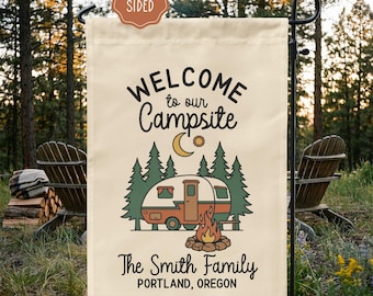 Personalized Welcome to Our Campsite Garden Flag, Custom Camper Sign, RV Camping Decor, Family Name Campfire Yard Flag Gift