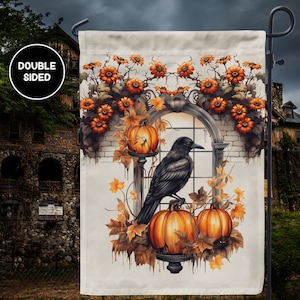 Fall Crow Pumpkin Garden Flag, Whimsigoth Halloween, Folk Woodland Cottage Raven Yard Banner Sign, Spooky Garden Decor, Fall Garden Flags