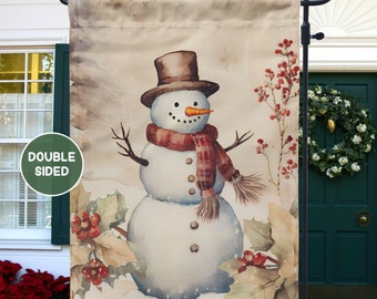 Vintage Snowman Garden Flag with Sepia/Tan Watercolor Scene, Cute Front Porch or Yard Sign, Outdoor Christmas Decoration