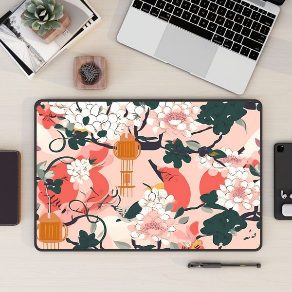 Pink Chinoiserie Style Desk Mat, XL Mouse Pad, Computer Accessories, Desk Decor Cubicle Accessories, Japanese Floral Art