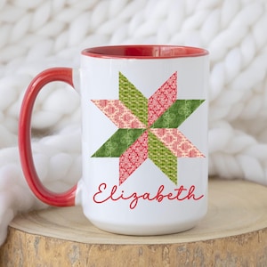 Christmas Star Quilt Block Mug, Quilting Block Coffee Mug, Quilt Guild Gift, Quilt Group, Quilter Gift For Mom, Grandma, Quilt Retreat Gift