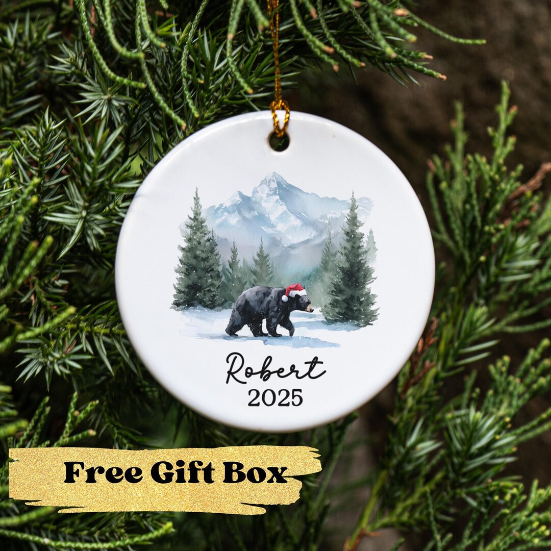 Personalized Black Bear With Santa Hat Ornament, Custom Mountain ...