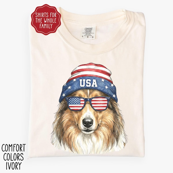 Camiseta patriótica Sheltie, camiseta Comfort Colors, camiseta de EE. UU., camiseta de perro pastor de Shetland, gafas de sol y gorro, regalo para el 4 de julio en Estados Unidos