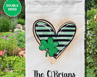 St. Patrick's Day Personalized Garden Flag with Green Shamrock and Heart; Irish Yard Decor, Custom Family Name Spring Garden Flag