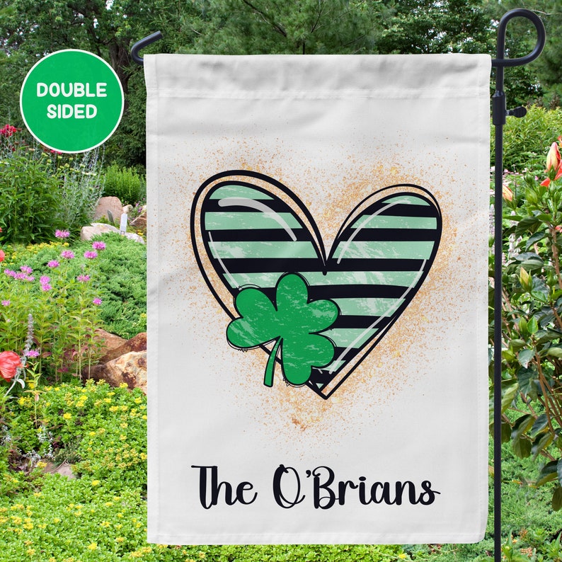 St. Patrick's Day Personalized Garden Flag with Green Shamrock and Heart Irish Yard Decor, Custom Family Name Spring Garden Flag image 1