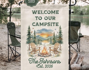 Personalized Welcome to Our Campsite Garden Flag, Custom Camper Sign, RV Camping Decor, Family Name Campfire Yard Flag Gift