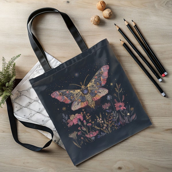 Black and Pink Floral Celestial Moon Moth Tote Bag; Dark Academia Aesthetic, Goblincore or Weirdcore, Book Lover Gift, Reusable Shopping Bag