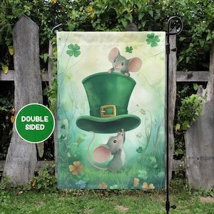 St. Patrick&#39;s Day Garden Flag, Cute Mice and Leprechaun Hat Spring Garden Flag, Four Leaf Clover Flag, Outdoor Garden Decor, Porch Decor