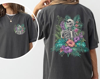 Skeleton Shirt, Spooky Summerween Tropical Floral Shirt, Comfort Colors, Vintage Halloween Shirt, Gothic Shirt, Creepy Goth Summer Vibes