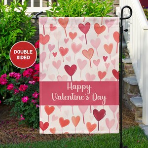 Happy Valentines Day Garden Flag with Lollipop Hearts, DOUBLE SIDED, Modern Flag Outdoor Yard Decor, Cute Seasonal Front Porch Decor
