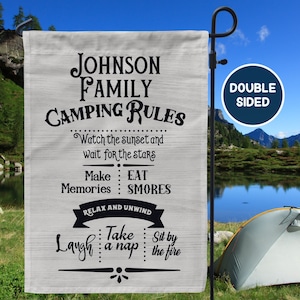 Family Camping Rules Personalized Garden Flag, Custom Camping Sign, Camper Decor Accessories, RV Sign