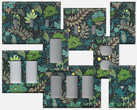 Peacock Blue Green And Tan Botanical Fern Print Light Switch Plates And Wall Outlet Covers Guest Bedroom Decor