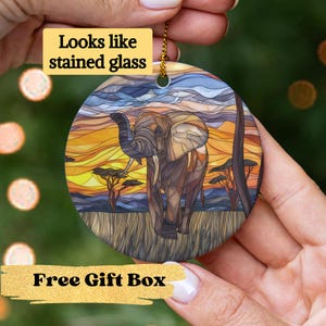 African Elephant Christmas Ornament with Stained Glass Effect, Elephant Gifts, Zoo Animal Ornament, African Safari Ornament, Wildlife Gift