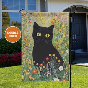 Bandera de jardín con gato negro y flores de primavera, regalo para amantes de los gatos, bandera de jardín de primavera, flores silvestres de primavera, regalo para mamá, abuela, regalo conmemorativo para mascotas