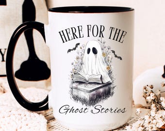Cute Reading Ghost Halloween Coffee Mug, Spooky Ghost Stories Book Mug, Bookish Gift, Fall Halloween Mug, Horror Book Lover Gift, Bookworm