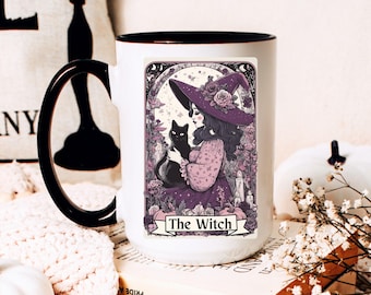 Witch Tarot Card Coffee Mug with Black Cat, Gothic Witchy Cup, Halloween Mug Gift, Tarot Card Style Wicca Mug, Witchcraft Kitchen Decor