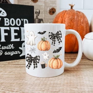 Ghost, Pumpkins, & Bows Mug, Farmhouse Halloween Coffee Mug, Ghost Gift Mug, Boho Spooky Vibes, Cute Halloween Mug, Cottagecore Fall Mug