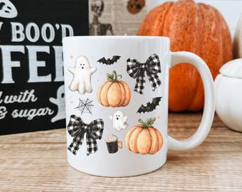 Ghost, Pumpkins, & Bows Mug, Farmhouse Halloween Coffee Mug, Ghost Gift Mug, Boho Spooky Vibes, Cute Halloween Mug, Cottagecore Fall Mug