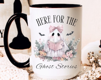 Cute Reading Ghost Halloween Coffee Mug, Spooky Ghost Stories Book Mug, Bookish Gift, Fall Halloween Mug, Horror Book Lover Gift, Bookworm