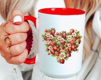 Cottagecore Strawberry Mug, Strawberries Coffee Cup, Strawberry Decor Aesthetic, Mug for Mom, Wife Gift, Summer Fruit Mug, Gift for Her