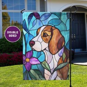 Cute Beagle Dog Garden Flag, Dog Lover Gift, Stained Glass Spring Garden Flag, Dog Mom Gift, Unique Pet Gifts, Pet Memorial, Outdoor Decor