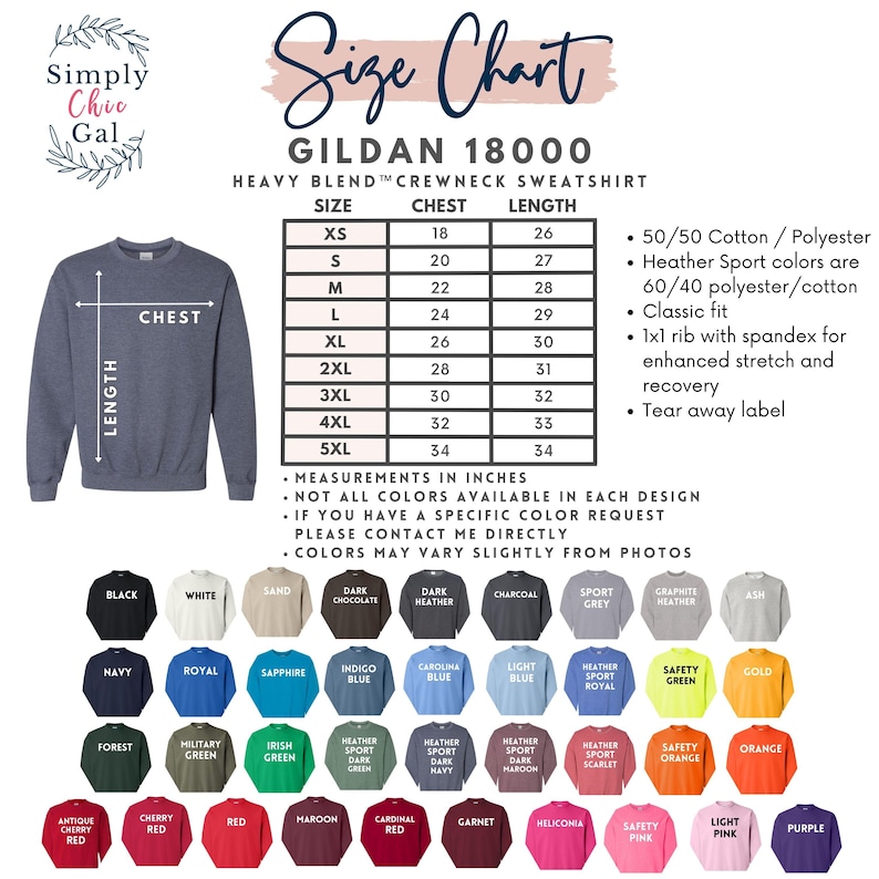 May include: A Gildan 18000 heavy blend crewneck sweatshirt size chart featuring a dark blue sweatshirt graphic with chest and length measurement lines, a detailed sizing table in inches, and a color palette showing forty-two available fabric options.