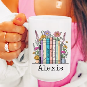 Personalized Floral Books Mug, Favorite Bookshelf Coffee Mug, Custom Titles & Name, Librarian Bookworm Gift for Reader, Gift for Book Lovers