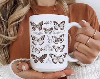 Vintage Butterfly and Moth Coffee Mug, Cottagecore Coffee Mug, Housewarming Gift, Dark Academia Coffee Cup, Whimsigoth Mug, Fairycore Gift