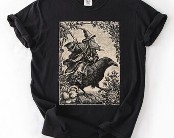 Wizard Crow Shirt, Medieval Sorcerer Comfort Colors Tee, Funny Crow Shirt, Gothic Fantasy Bird Lover Shirt, Vintage Witchcore Shirt