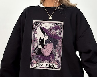 The Witch Tarot Card Sweatshirt, Gothic Witchy Crewneck, Black Cat Sweater, Mystical Tarot Shirt, Halloween Sweatshirt, Witchcore Clothing