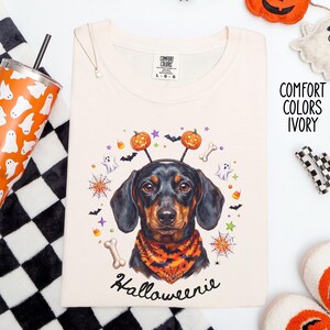 May include: An ivory t-shirt featuring a graphic of a black and tan dachshund wearing a bandana with an orange pumpkin and bat pattern. The dog has pumpkin headbands, surrounded by illustrations of ghosts, bats, spiderwebs, and candy corn.