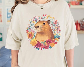 Cute Capybara Shirt, Comfort Colors Shirt, Capybara Lover Gift, Animal Lover Gift, Boho Floral Capybara Tee, Birthday Gift, Funny Animal Tee