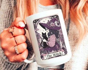 Witch Tarot Card Coffee Mug with Black Cat, Gothic Witchy Cup, Halloween Mug Gift, Tarot Card Style Wicca Mug, Witchcraft Kitchen Decor
