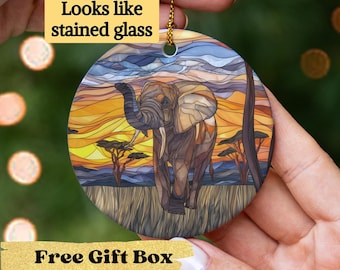 African Elephant Christmas Ornament with Stained Glass Effect, Elephant Gifts, Zoo Animal Ornament, African Safari Ornament, Wildlife Gift