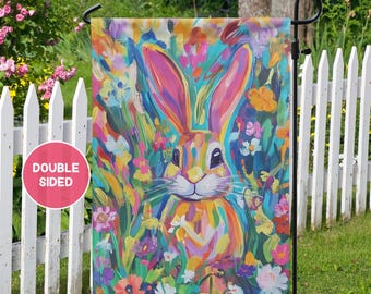 Cute Colorful Easter Bunny Garden Flag, 90&#39;s Vibes Easter Flag, Happy Easter Garden Flag, Spring Garden Flag, Outdoor Easter Decor