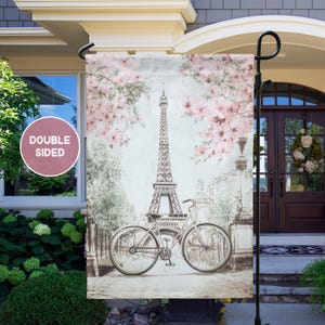 Spring in Paris Garden Flag, Spring Garden Flag, French Cottagecore Garden Flag with Eiffel Tower, Cherry Blossoms, Outdoor Home Decor