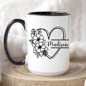 Personalized Name Coffee Mug, Custom Floral Heart Coffee Cup, Valentine&#39;s Day Gift, Sister Gift, Girlfriend Gift, Wife Gift, Coworker Gift