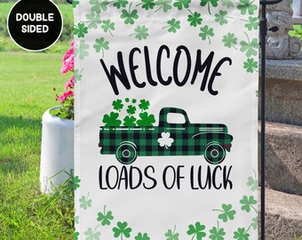 St. Patrick's Day Welcome Garden Flag with Plaid Pickup Truck and Four Leaf Clovers; Irish Yard Decor, Loads of Luck