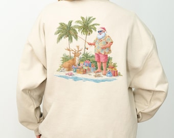 Funny Coastal Christmas Sweatshirt, Tropical Santa Sweatshirt, Christmas in July, Santa Claus Fishing Shirt, Summer Vacation Santa Shirt