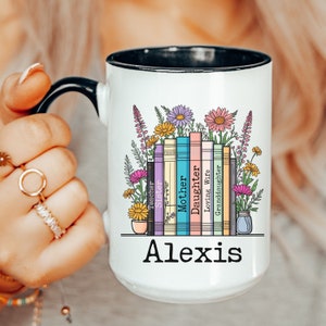 Personalized Floral Books Mug, Favorite Bookshelf Coffee Mug, Custom Titles & Name, Librarian Bookworm Gift for Reader, Gift for Book Lovers