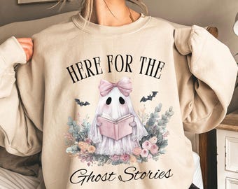 Halloween Sweatshirt, Cute Reading Ghost Sweatshirt, Spooky Ghost Stories Book Shirt, Bookish Gift, Horror Book Lover Gift, Bookworm Gift
