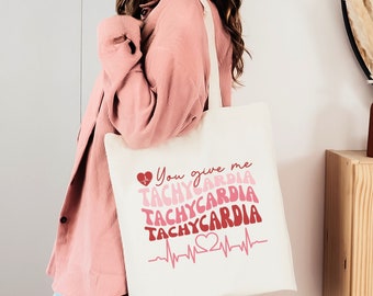 Valentine Nurse or Cardiologist Canvas Tote Bag or Zipper Pouch, Student Nurse Gift, Coworker Gift, You Give Me Tachycardia with Heartbeat