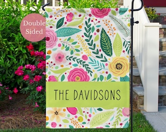 Personalized Spring Garden Flag, Custom Last Name Flag, Bright Floral Sign, Outdoor Yard Flag, Patio Decor, Housewarming Gift