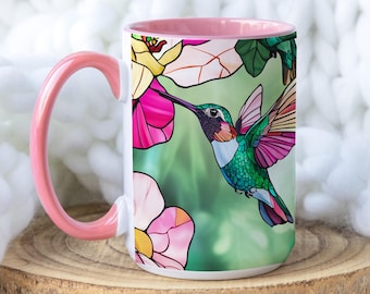 Stained Glass Hummingbird Mug, Hummingbird Coffee Cup, Mother's Day Gift, Hummingbird Lover, Nature Lover Mug, Unique Gift for Bird Lovers