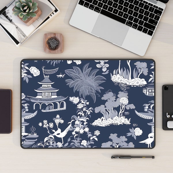 Navy Blue Chinoiserie Style Desk Mat, XL Mouse Pad, Computer Accessories, Desk Decor Cubicle Accessories, Japanese Pagoda Art